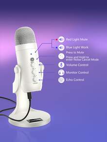 Haomuren USB Condenser Microphone With Type-C Adapter For Computer/PC/Phone, Plug&Play Gaming Microphone With Headphone Out & Volume Control, Mic Gain Control, Mute Button Vocal Perfect For Streaming, Podcasting, Recording, No Lightning Adapter - 白色 - 查看 7