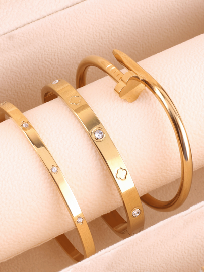 3pcs Fashionable 18K Gold Plated Stainless Steel 4-Leaf Clover Charm Bracelet Wristband, Suitable For Women Party, Daily Wear, European & American Style, Personalized, Generous, Luxury, Cubic Zirconia, Wedding Jewelry Set, Gift For Girl, Lady, Relative, Friend, Beautiful Wedding, Birthday, Valentine's Day, Mom, Mother, Mother's Day