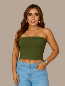 2 Women's Cropped Tube Top Without Straps And Without Basic Pads Double Layer Of Suplex Slim Fit Shaper Strapless - 綠/藍 - 查看 7