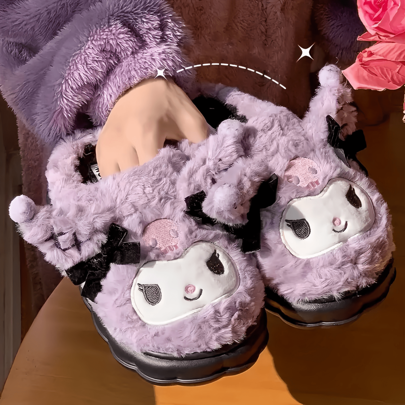 Sanrio 1 Par de Pantuflas de Mujer Estilo Y2K de Kuromi, Patrón de unicolor, Adecuadas para Todas las Estaciones, Plantilla Suave Antideslizante y Cálida, Top, Forro e Interior de Tela, Suela de PVC