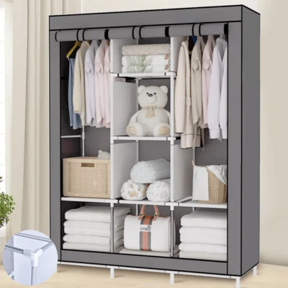 Portable Wardrobe Large Canvas Wardrobe Clothes Storage Organizer With 2 Hanging Rail Closet For Living Room, Bedroom 170 X 128 X 45CM Black/Grey