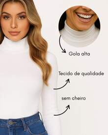 Blusa Feminina Gola Alta Manga Longa - Viscolycra Premium  Simples    Tecido    Nenhum    Noite  Diário