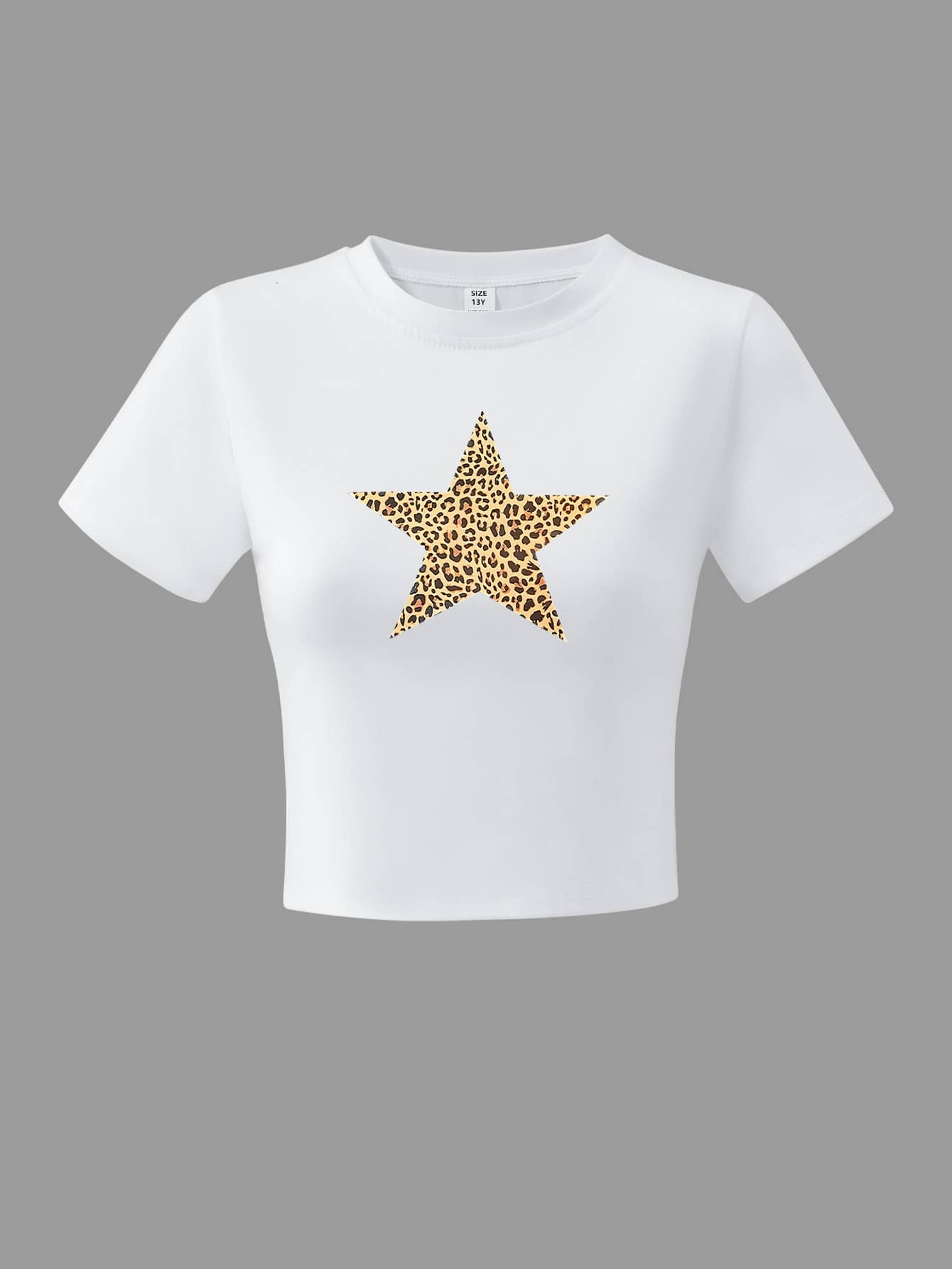 豹纹印花与五角星图案圆领短袖 T 恤图案少女时尚服装