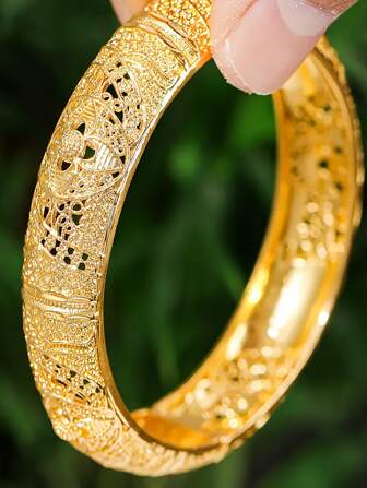 1pc Women's Fashionable Gold-Color Open Cuff Bracelet, Luxury Bridal Accessory, Wedding Bangle
