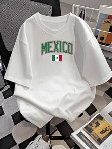 Women's Summer Casual Loose Fit Mexico Flag Print TShirt, Soft Comfortable Crew Neck Short Sleeve Tops For Ladies, Cute Graphic Tee For Daily Wear, Vacation, Party, And More. - trắng - Xem 2