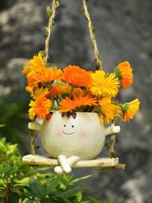 1 pièce Pot de fleurs à tête souriante et brillante avec balancier, petit pot suspendu pour plantes d'intérieur et d'extérieur, joli pot de fleurs suspendu pour plante à perles, pot de résine pour succulentes heureux