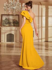 Elisanya 高开叉鸡尾酒裙，带珠饰和荷叶边细节，露背，合身，适合婚礼、派对、夏季 - 芥末黃 - 查看 3