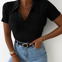 Women's Polo Shirt, Short Sleeve, Cotton, Simple, Casual, Knit, Everyday Wear - Black - View 4