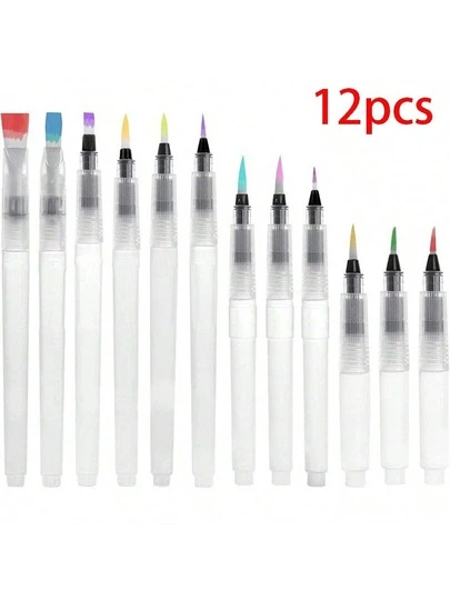 12pcs Water-Soluble Solid Watercolor Painting Soft Hair Brush, Large Capacity Water Storage Pen, Suitable For Beginners, Easy To Use And Refill For Painting
