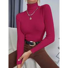Women's Knitted Blouse High Neck Cacharrel Basic Wool Sweat Fashion Shipping!!! - 玫紅色 - 查看 2