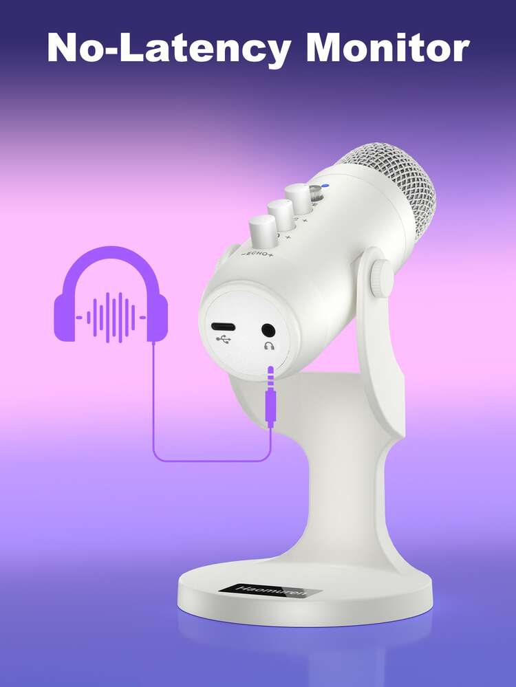 Haomuren USB Condenser Microphone With Type-C Adapter For Computer/PC/Phone, Plug&Play Gaming Microphone With Headphone Out & Volume Control, Mic Gain Control, Mute Button Vocal Perfect For Streaming, Podcasting, Recording, No Lightning Adapter - 白色 - 查看 10