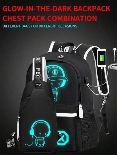 Luminous Backpack Set With Earphone Hole - Cute, Durable, Perfect For Night & Travel Fluorescent At Night Backpack Campus Backpack With Sling Bag For School For High School For Commute