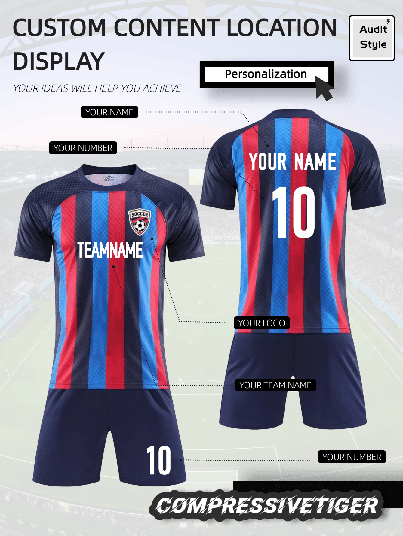 2 pièces Maillot de football personnalisé pour hommes - T-shirt à manches courtes + short assortis imprimé avec nom et numéro personnalisable, ensemble de sport à séchage rapide et absorbant la transpiration, un cadeau idéal pour les joueurs de club de football