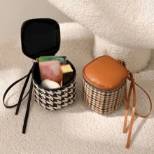 Monedero pequeño y portátil de tela de pana con estampado de pata de gallo, con cremallera, tarjetero, bolsillo con cremallera, mini bolsa de almacenamiento de viaje para mujer, monedero mini, cartera, monedero de monedas