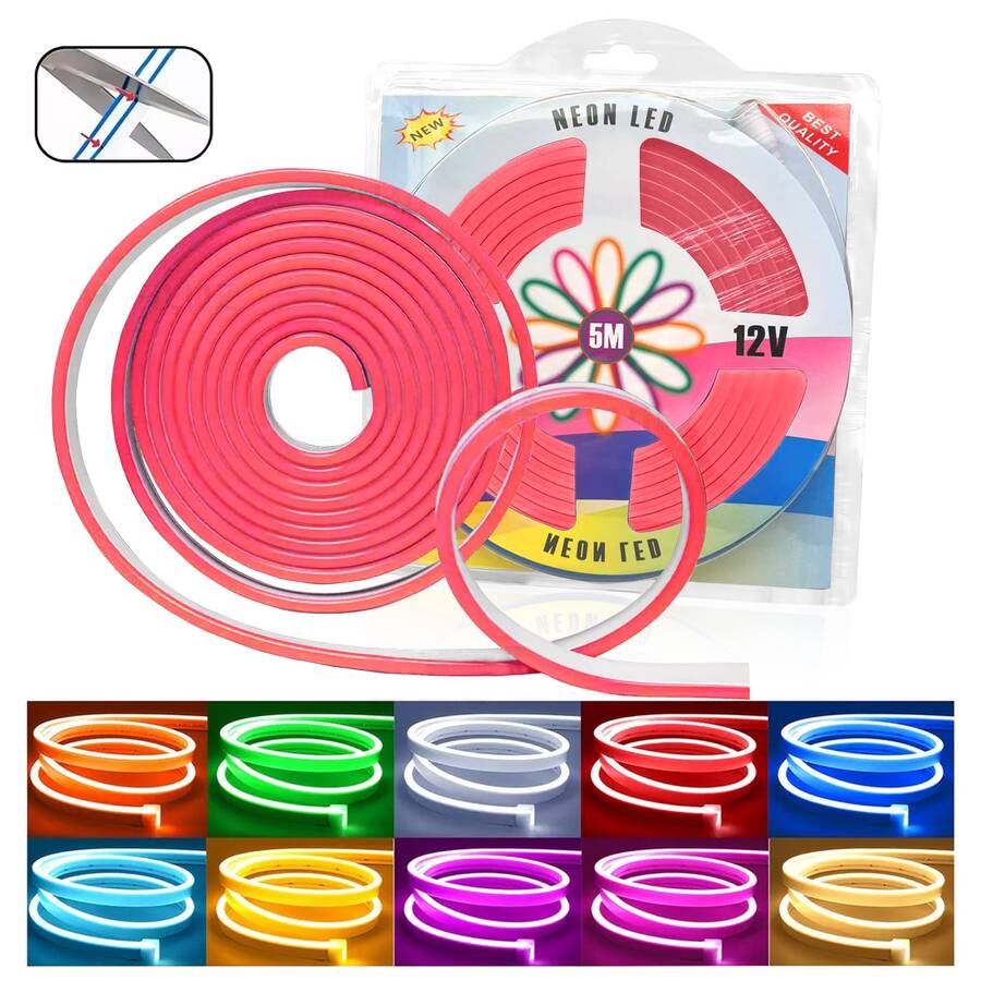 Tira de luz LED de neón flexible para hogar y exterior, 5 metros, cortable, sin fuente de alimentación, ambiente festivo, adecuada para fiestas de cumpleaños, reuniones navideñas, fiestas.