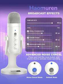 Haomuren USB Condenser Microphone With Type-C Adapter For Computer/PC/Phone, Plug&Play Gaming Microphone With Headphone Out & Volume Control, Mic Gain Control, Mute Button Vocal Perfect For Streaming, Podcasting, Recording, No Lightning Adapter - 白色 - 查看 6