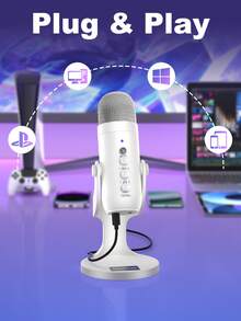 Haomuren USB Condenser Microphone With Type-C Adapter For Computer/PC/Phone, Plug&Play Gaming Microphone With Headphone Out & Volume Control, Mic Gain Control, Mute Button Vocal Perfect For Streaming, Podcasting, Recording, No Lightning Adapter - 白色 - 查看 4