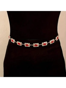 Vintage Mirrored Elastic Belt For Women, Decoration Agate Crystal Waist Chain, Metallic Chains, Zinc Alloy Crystal Metal Waistbelt, Suitable For Weddings, Spring/ Summer/Autumn/Winter Summer