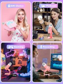 Haomuren USB Condenser Microphone With Type-C Adapter For Computer/PC/Phone, Plug&Play Gaming Microphone With Headphone Out & Volume Control, Mic Gain Control, Mute Button Vocal Perfect For Streaming, Podcasting, Recording, No Lightning Adapter - 粉色 - 查看 10