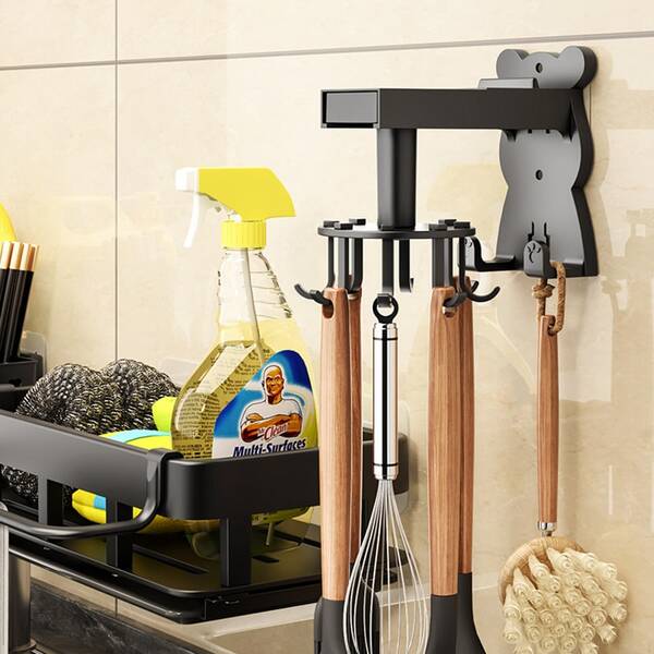 Stainless Steel Rotating Wall Mount Hook, No Drilling 6-Hook Storage Rack, Multipurpose Kitchen Utensils Organizer