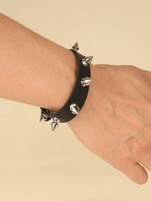 1/3/4pcs Adjustable Punk Rock Rivet Leather Bracelet Set, 80s Emo Style Artificial Leather Fashion Accessories For Men - Black - View 11