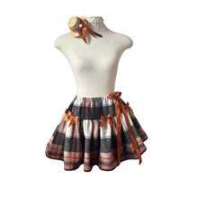 Saia Flanela Xadrez Cobre/Preta/Branca Junina com Tiara Adulto