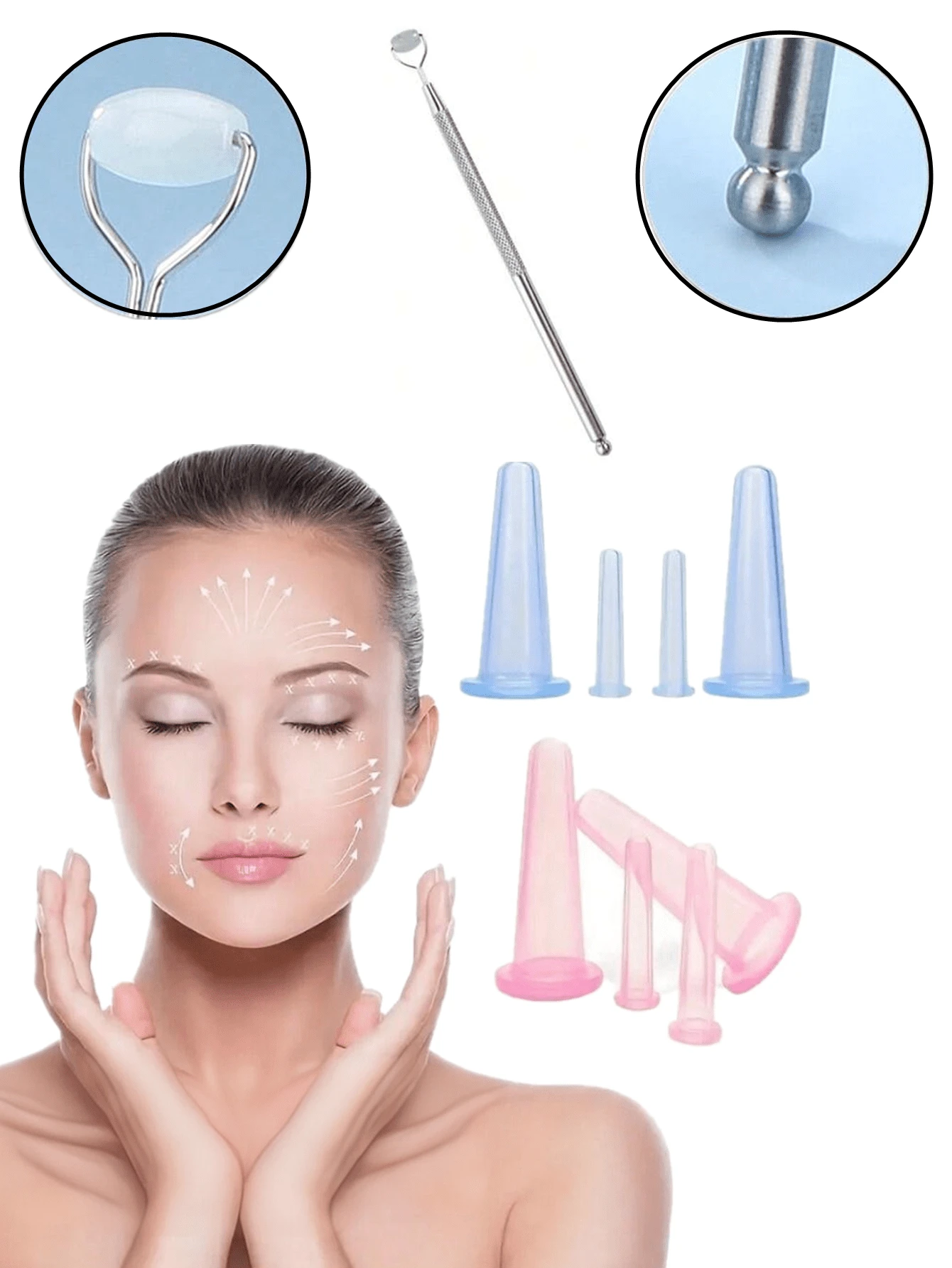 1 set de massage facial et de levage, comprenant un ventouse en silicone, un masseur en jade à double tête, utilisé pour détendre les yeux et le visage, un bâton de beauté étirable, soulageant l'enflure des yeux, la fatigue et les cernes avec un masseur facial, ainsi que des outils de beauté de la peau. Kit de massage sous vide portable, sans batterie, cadeau de vacances idéal pour les femmes - Multicolore - Voir 1