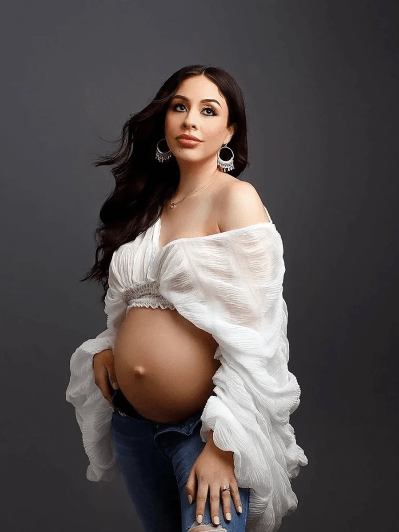 孕妇褶皱雪纺泡泡袖透视上衣，适合春季摄影，白色 - 白色 - 查看 1