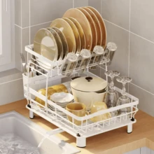 Kitchen 2 Tier Dish Rack With Drainboard, 1 Count Countertop Dish Drying Rack, Dish Storage Rack With Cutlery Holder, Kitchen Storage Supplies - Gray. - View 7