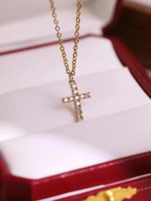 1 Pc Golden Cross Clavicle Chain Light Luxury Crystal Necklace Charm Jewelry Accessories For Women Gift
