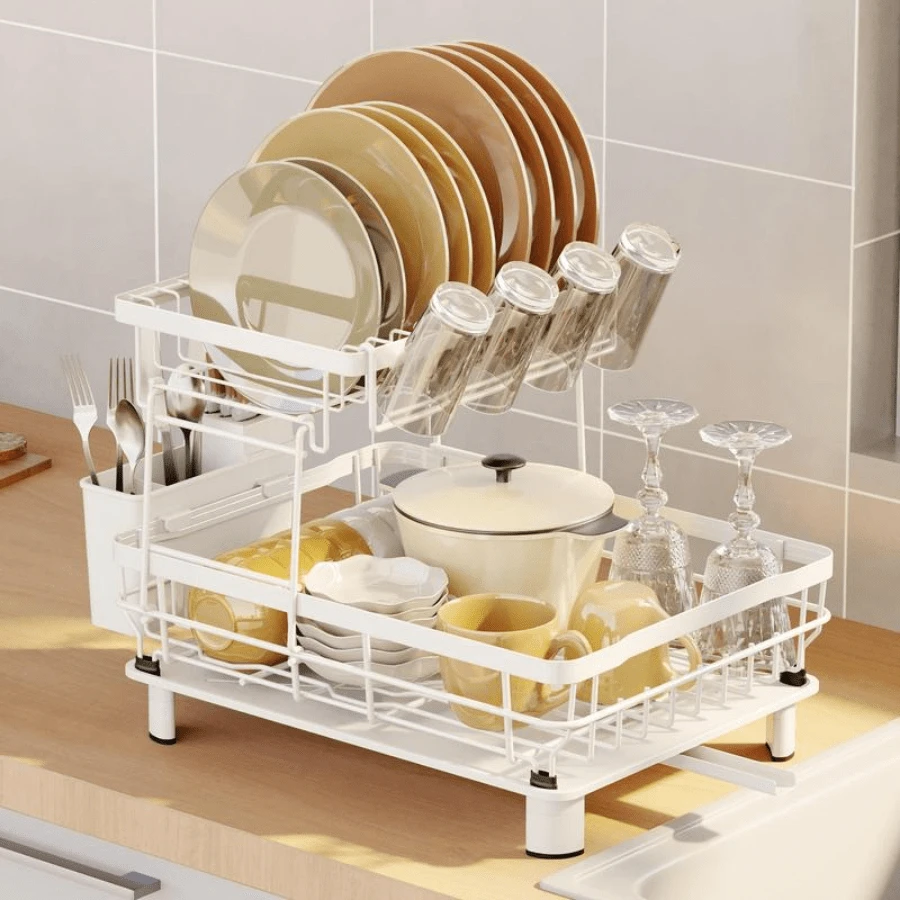 Kitchen 2 Tier Dish Rack With Drainboard, 1 Count Countertop Dish Drying Rack, Dish Storage Rack With Cutlery Holder, Kitchen Storage Supplies - Gray. - View 1