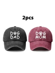 2 件装情侣复古棒球帽，印有狗爪图案和“DAD”和“MOM”图案，可调节男女通用帽子，适合节日、旅行、户外活动、休闲穿着 - A - 查看 2