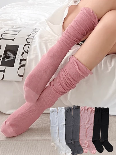 1/4 双装女士亚文化复古甜美泡泡蕾丝网眼透气薄款春夏黑白粉灰小腿袜 JK 女童简约纯色叠穿袜长筒袜，舒适