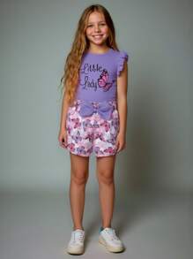 Girls Sleeveless Top & Shorts 2pcs Set, Round Neck Lace Ruffle Sleeve Blouse + Butterfly Print Shorts, Casual Daily Wear For 4-7 Years Old