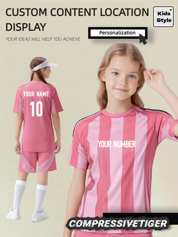 2pcs Girl's Personalized Soccer Jersey - Customizable Name And Number Miami Print Short Sleeve T-Shirt + Shorts Co-Ord Quick-Drying Sweat-Absorbing Sports, Set As Girl Gift.
