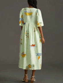 New Fashion Random Print V-Neck Flare Sleeve Loose Casual Dress For Women, Boho Vacation Style, Spring/Summer - Pastel Green - View 10