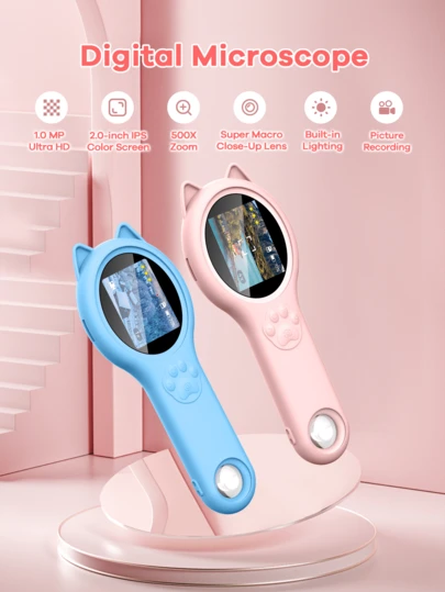 REMAX 便携式手持式迷你数码显微镜，适合男孩/女孩 - 教育科学工具，适合男孩和女孩的圣诞节和生日礼物（粉色/蓝色）