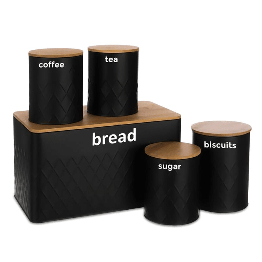 5pc-Kitchen Set Bread Bin Tea Coffee Sugar Tins Biscuit Barrel Sealed Containers Utensils