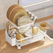 Kitchen 2 Tier Dish Rack With Drainboard, 1 Count Countertop Dish Drying Rack, Dish Storage Rack With Cutlery Holder, Kitchen Storage Supplies - Gray. - View 8