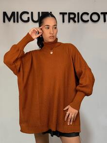 Women's Knitted Poncho High Neck Side Slit Fang Stitch Winter Fashion 2025 - 鏽 - 查看 3
