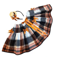 Saia Flanela Xadrez Cobre/Preta/Branca Junina com Tiara Adulto