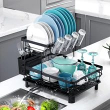 Kitchen 2 Tier Dish Rack With Drainboard, 1 Count Countertop Dish Drying Rack, Dish Storage Rack With Cutlery Holder, Kitchen Storage Supplies - Gray. - View 9
