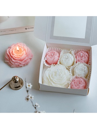 6pcs/Box Peony Flower Scented Candle Gift Set, 1 Large 5 Small Candles, Home Hotel Decor, Birthday Atmosphere Decor, Wedding Anniversary Mother's Day Gift Set, Single Box Or Set Options