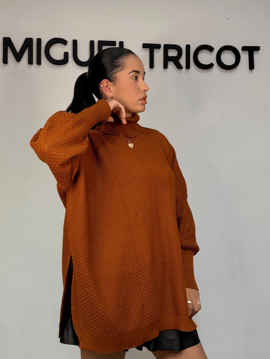 Women's Knitted Poncho High Neck Side Slit Fang Stitch Winter Fashion 2025 - 鏽 - 查看 1