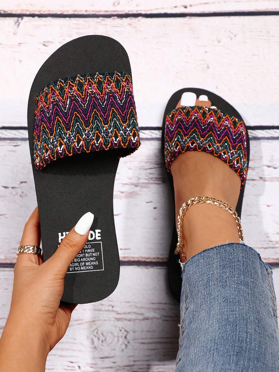 Sandalias planas de deslizamiento con banda elástica y suela blanda para mujer, cómodas para interiores/exteriores, adecuadas para diario, fiesta, playa - Negro - Ver 1