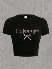 少女印花休闲标语蝴蝶结春夏修身短袖T恤，女童露脐T恤，Y2K