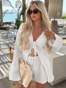 2 piezas Set informal de unicolor estilo bohemio, blusa de manga larga con nudo y shorts, para playa, cita, oficina, calle, verano