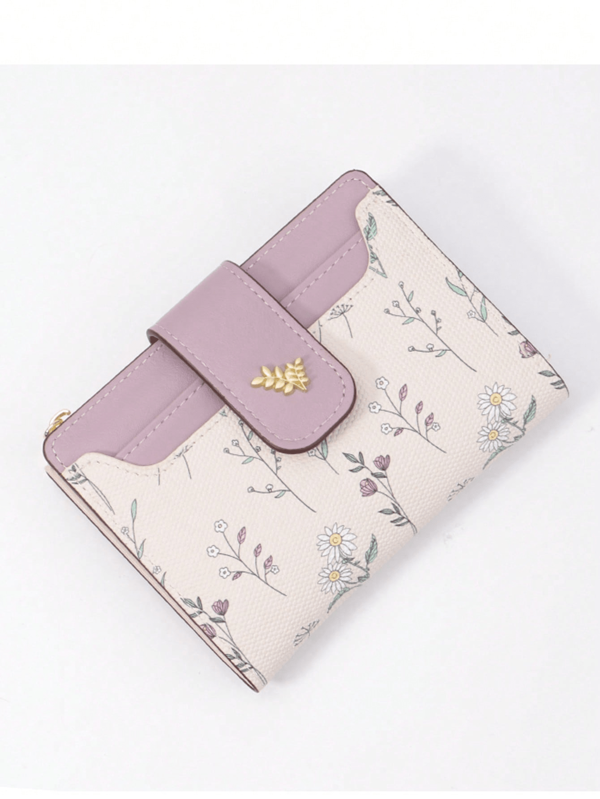 Leaf Metallic Button Compact Bifold Wallet Minimalist & Practical Multi-Function For Women Wallet Purse Wallet Small Wallet Cute Wallet