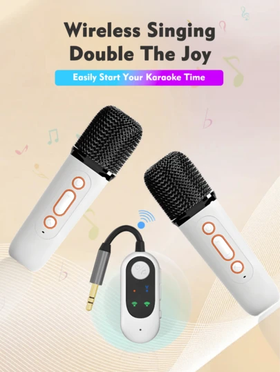 REMAX 无线麦克风，车载卡拉OK麦克风，带蓝牙适配器，即插即用，兼容现有音频设备，儿童/成人礼物，适合唱歌、家庭聚会、汽车旅行（2个麦克风+1个蓝牙适配器），米色