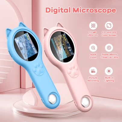 REMAX 便携式手持式迷你数码显微镜，适合男孩/女孩 - 教育科学工具，适合男孩和女孩的圣诞节和生日礼物（粉色/蓝色）